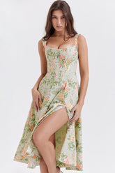 Minivestido veraniego con corsé alto y abertura en la espalda con encaje y estampado floral - Verde